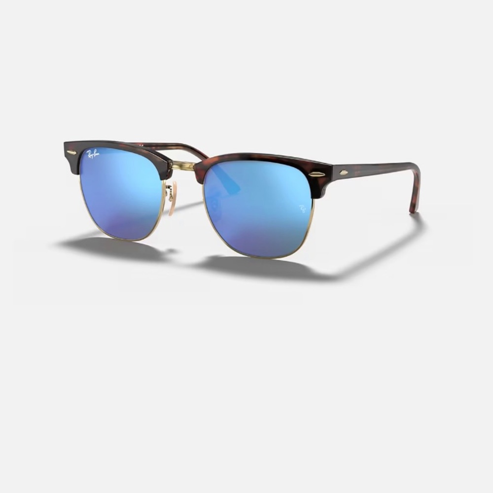 Ray Ban Clubmaster flash lenses; Matte Havana On Gold frame, Blue mirror lenses